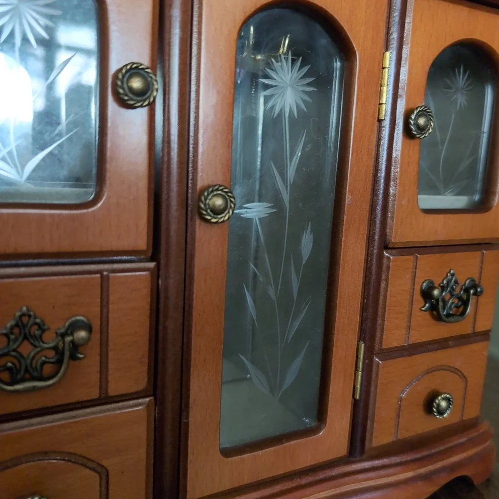 Vintage Jewelry Armoire Organizer Etched Glass Floral Wood Chest Velvet Mirrored